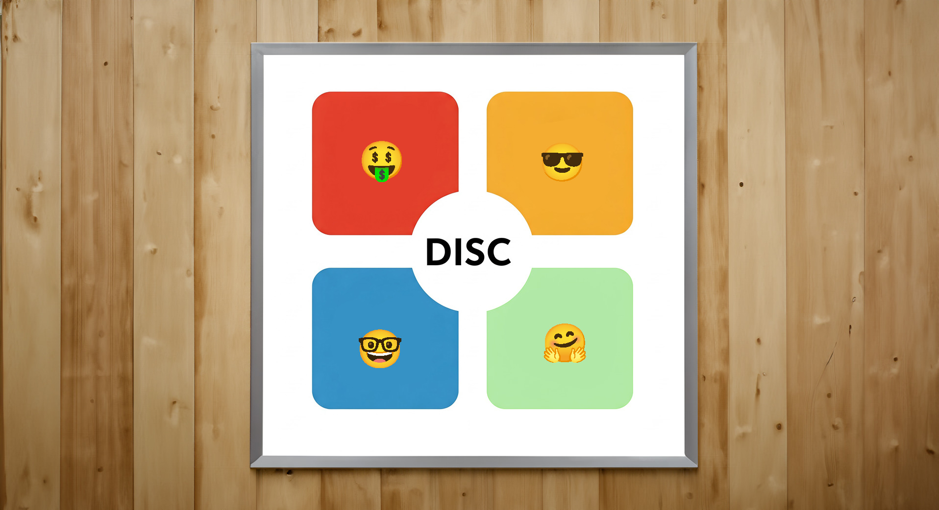 A framed poster on a wooden wall, divided into four quadrants with different background colors and emojis. At the center, a white circle contains the text 'DISC' in bold black letters. The top left quadrant has a red background with an emoji of a face with dollar signs for eyes and a green dollar bill sticking out of its mouth. The top right quadrant is orange with an emoji wearing sunglasses. The bottom left quadrant is blue with an emoji of a smiling face with glasses. The bottom right quadrant is green with an emoji of a face hugging itself. The poster represents the DISC personality assessment model using emojis to symbolize different personality traits.