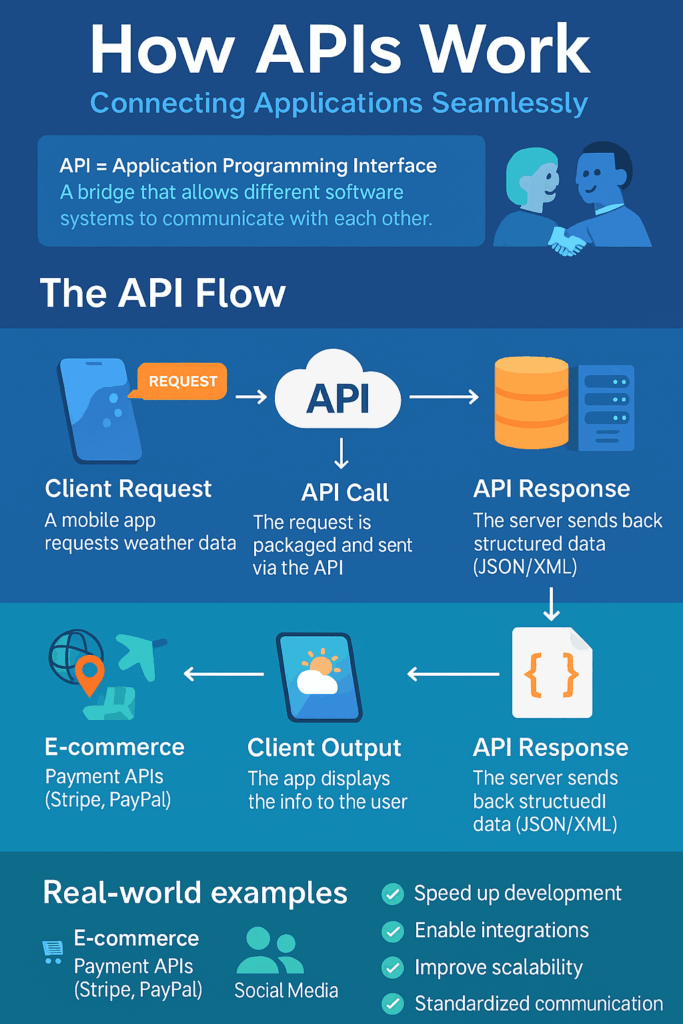 Infographic explaining how APIs work with step-by-step flow from client request to API call, server processing, API response, and client output, including real-world examples like e-commerce, maps, and social media.
