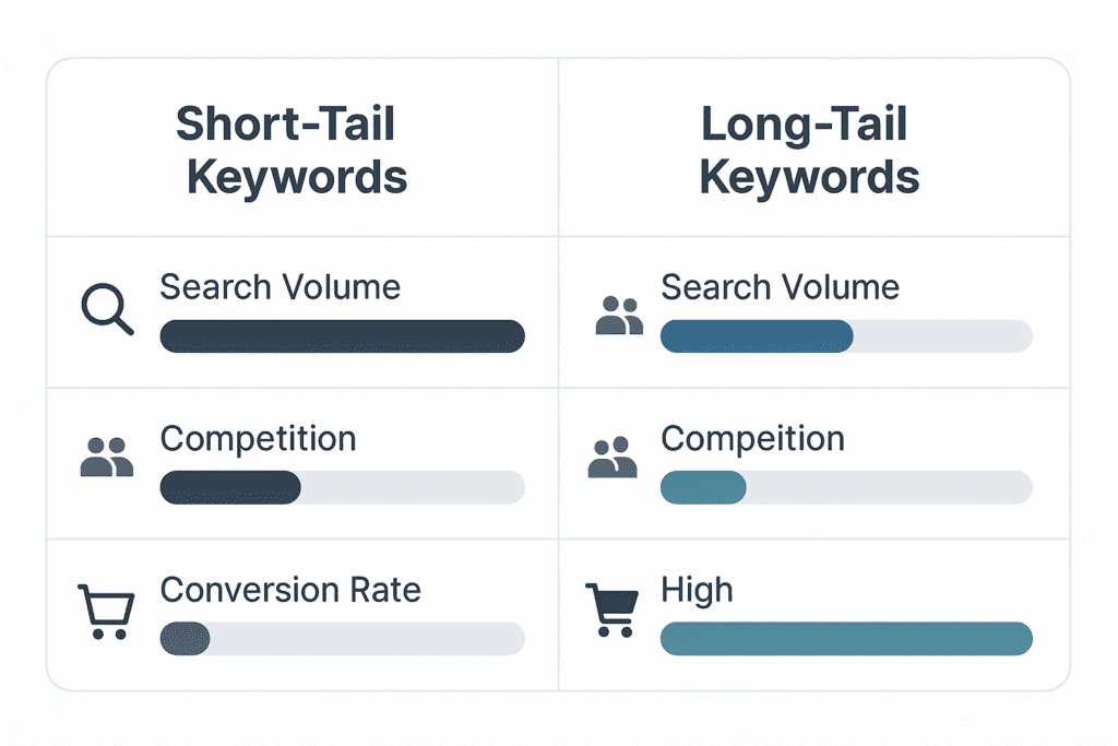 Comparison chart showing short-tail vs. long-tail keywords with search volume, competition, and conversion rate metrics