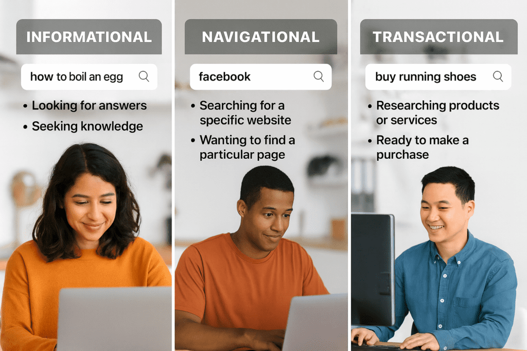 Three-panel infographic showing examples of each search intent type with typical user behaviors