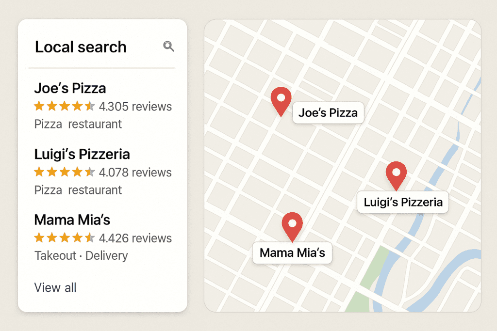 Local search results showing business listings with ratings and proximity information