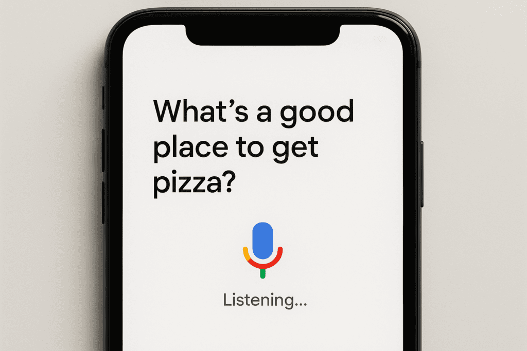 Mobile Phone Screen: Voice search interface showing conversational query example