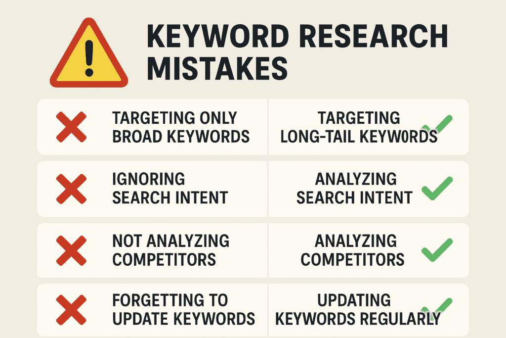 Warning Icon: Visual checklist of keyword research mistakes with red X marks and correct alternatives