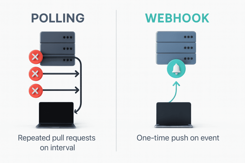 Side-by-side comparison diagram showing polling (repeated requests with X marks) versus webhooks (single event-triggered push), with clean icons and modern design