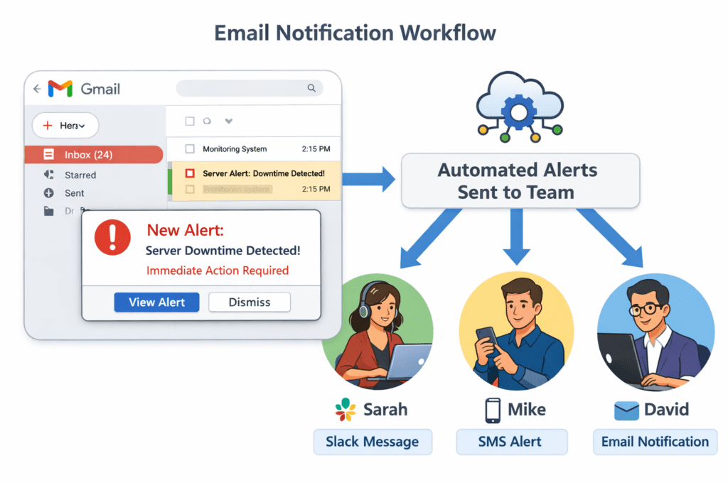 Email notification workflow showing Gmail inbox with popup notification and automated alert distribution to team members.
