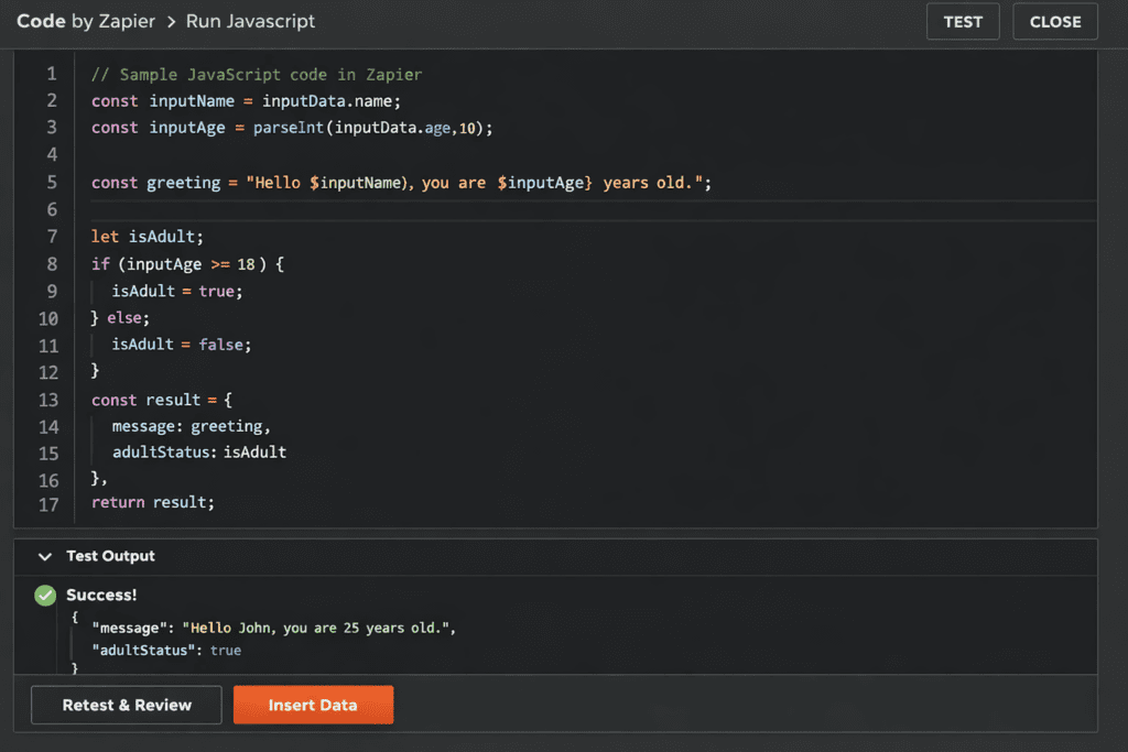 Code editor interface showing JavaScript code in Zapier with syntax highlighting and testing output.