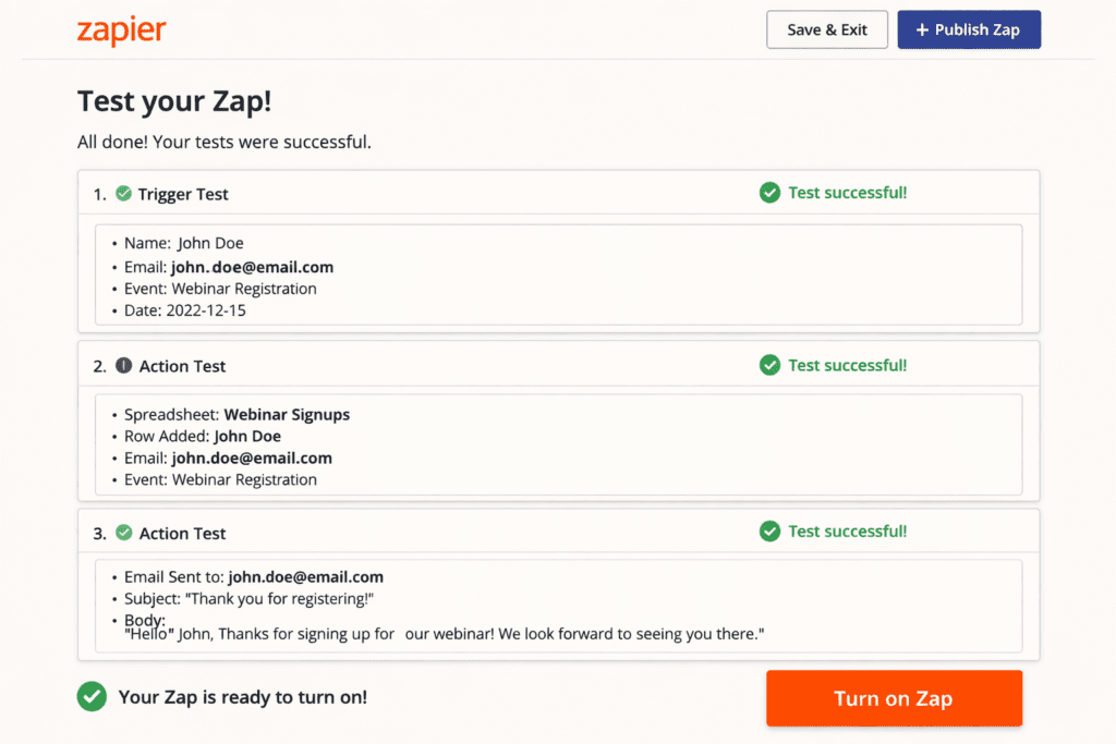 Zapier test interface showing test results with green checkmarks and data preview.