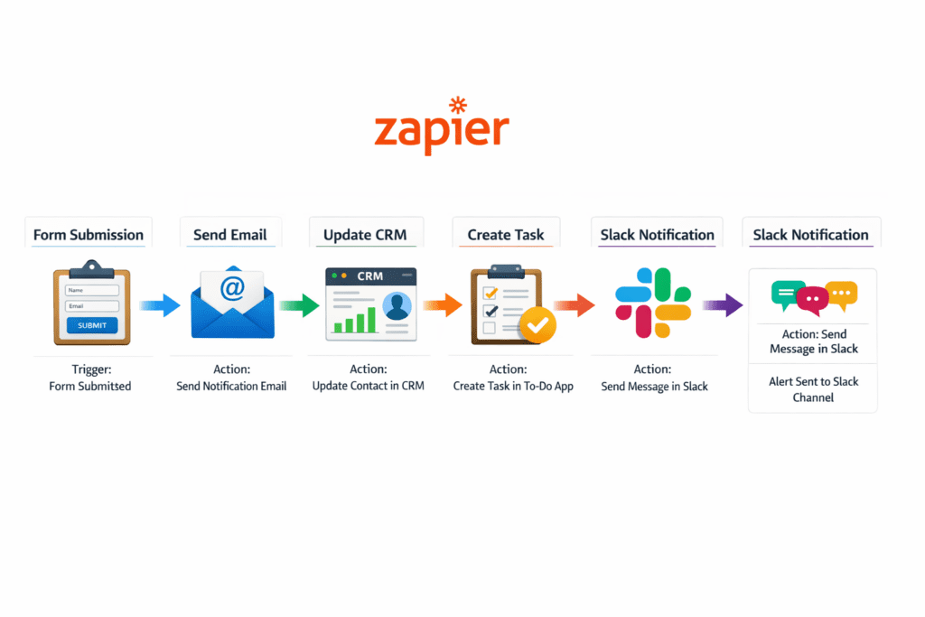 Complex Zap workflow diagram showing multiple steps: form submission → email → CRM → task → Slack notification with connecting arrows.