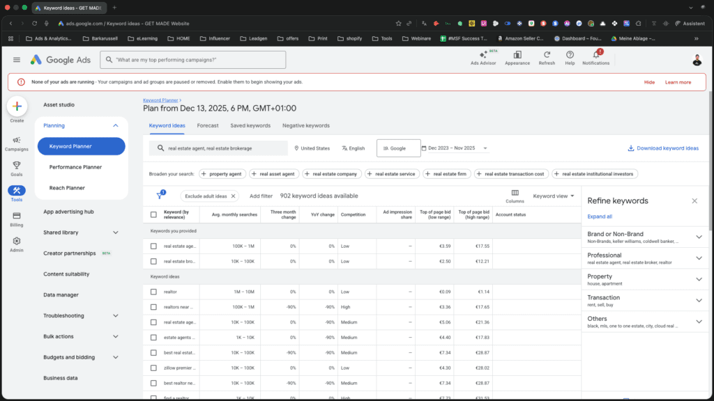 Google Keyword Planner interface showing keyword suggestions and search volume trends