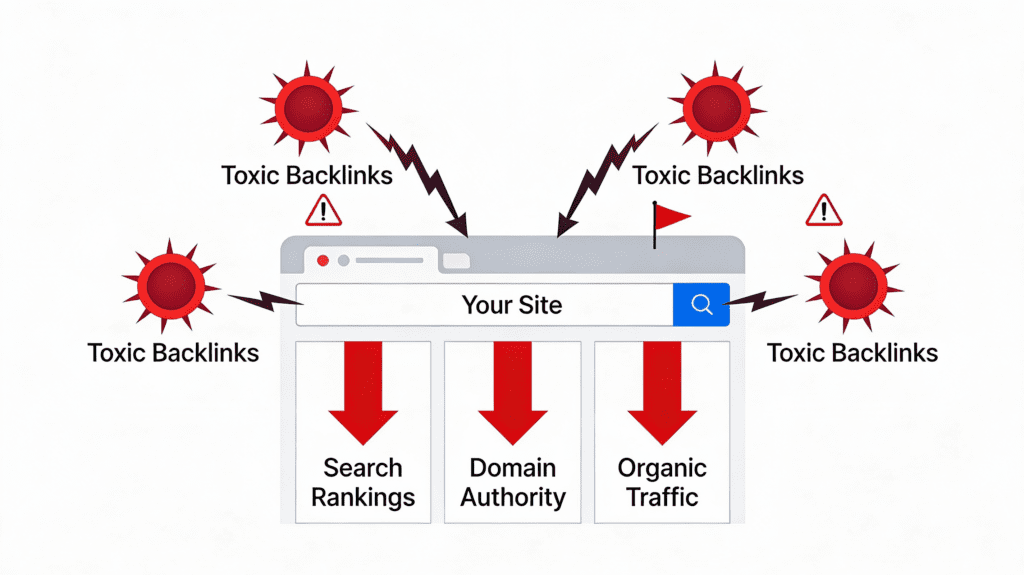 Diagram showing negative impact of toxic backlinks on search rankings, domain authority, and traffic with downward arrows and warning indicators