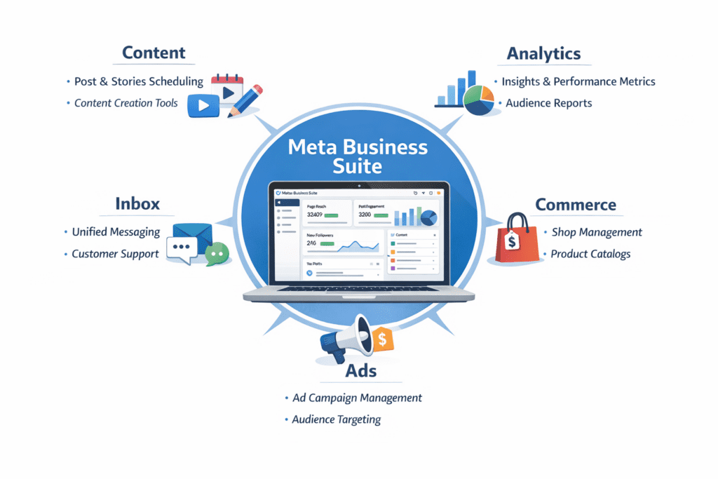 [Infographic: Meta Business Suite feature ecosystem showing dashboard at center with radiating tools (Content, Analytics, Inbox, Ads, Commerce) with icons and descriptions]