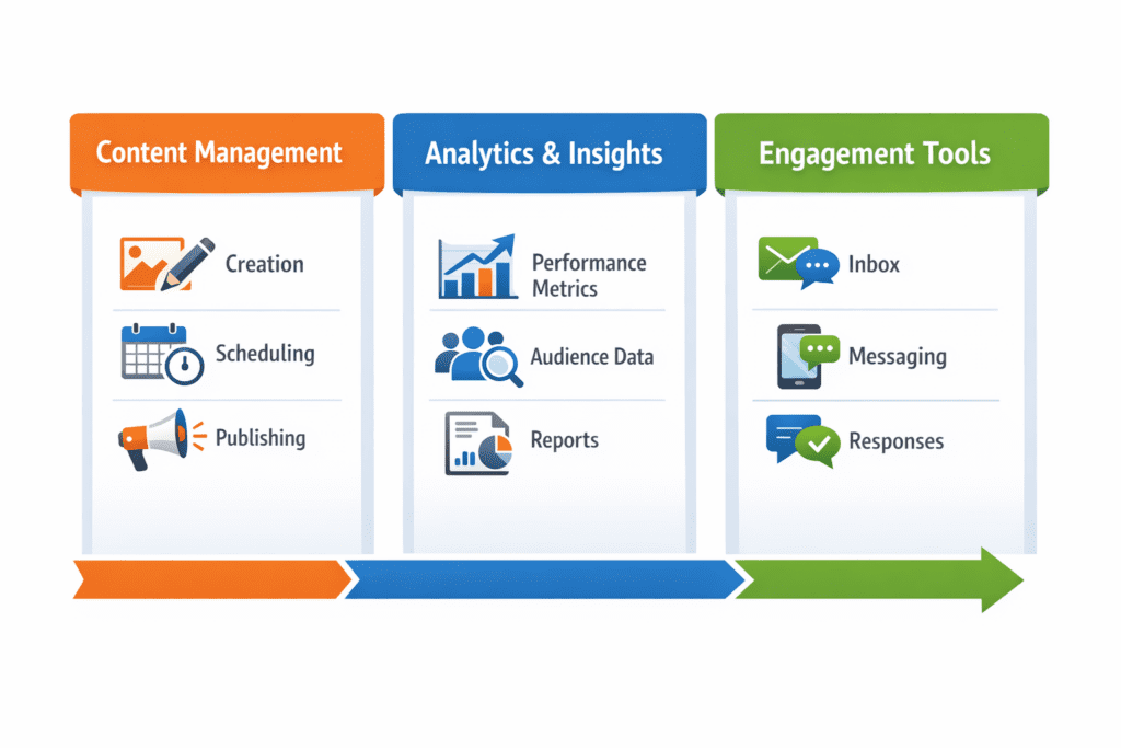[Diagram: Component breakdown showing three pillars - Content Management (creation, scheduling, publishing), Analytics & Insights (performance metrics, audience data, reports), and Engagement Tools (inbox, messaging, responses) with examples under each]